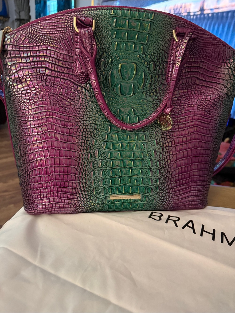 Brahmin Ombre Croc-Embossed Tote in Hyacinth and Spearmint.
In EUC